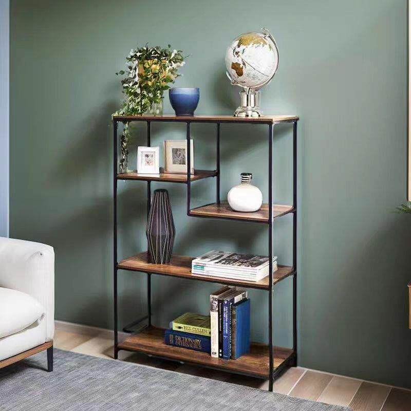 实木置物架多层落地书架客厅收纳架搁板铁艺展示陈列架复古原木架