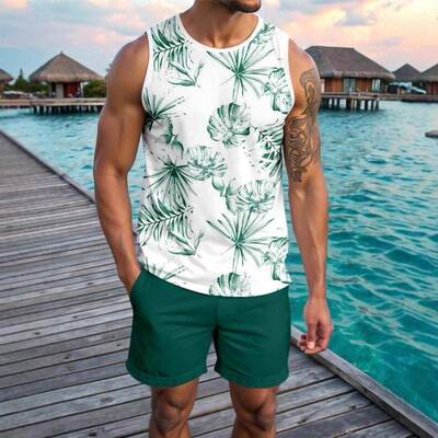 2-Piece Set Men's Regular Fit Tropical Print Tank Top &
