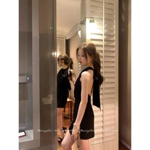 82醋酸垂折领无袖 Mummy Cat 下蛋喵 挂颈露背绑带气质短洋装