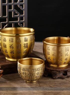 黄铜复古金蝉百福缸聚宝盆家居摆件工艺品精雕聚财米缸供水杯铜器