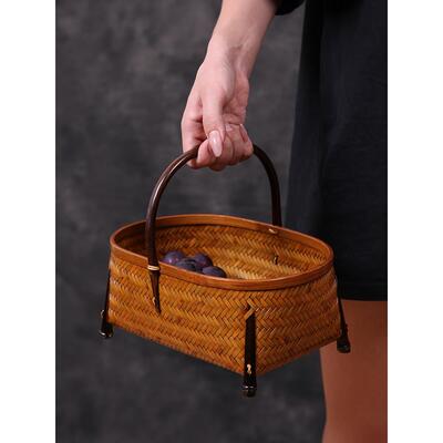 手工竹编大漆提篮桌面复古茶具收纳筐中式家用水果篮便携手提竹筐