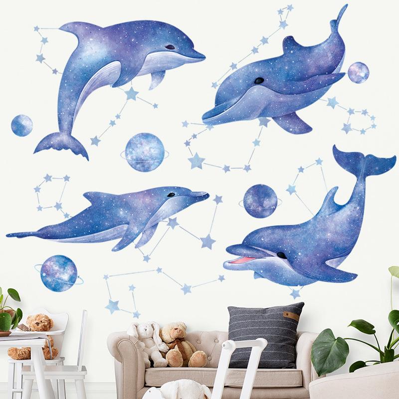 星空梦幻墙壁装饰画 棋布蓝星墙贴可爱海豚鲸鱼教室布置贴纸