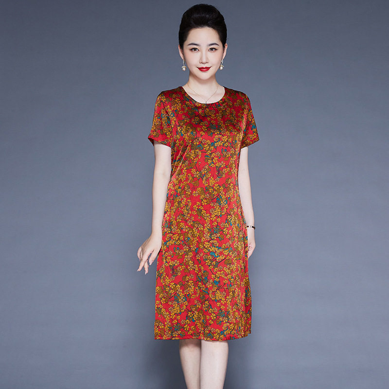 高端款真丝连衣裙女夏季新气款质印花桑蚕中丝宽松显瘦老年妈妈装