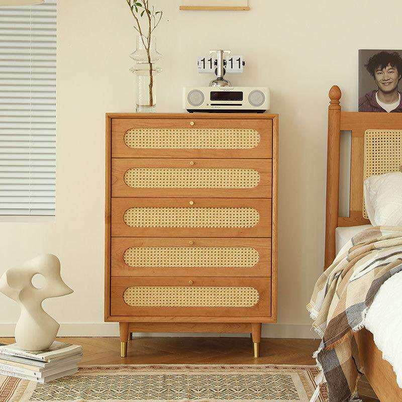 北欧全实木樱桃木藤编五斗柜沙发边柜简约日式黑胡桃木收纳储物柜