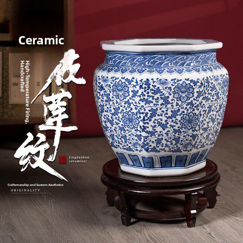 景德镇陶瓷青花瓷落地花瓶客厅书房书画卷轴缸户外种树盆鱼缸摆件