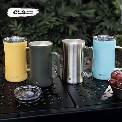 CLS户外600ml双层带盖304不锈钢啤酒杯保温咖啡杯野餐烧烤扎啤杯