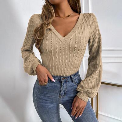Women's Plain Jacquard Lantern Sleeve V Neck Fitted Tee