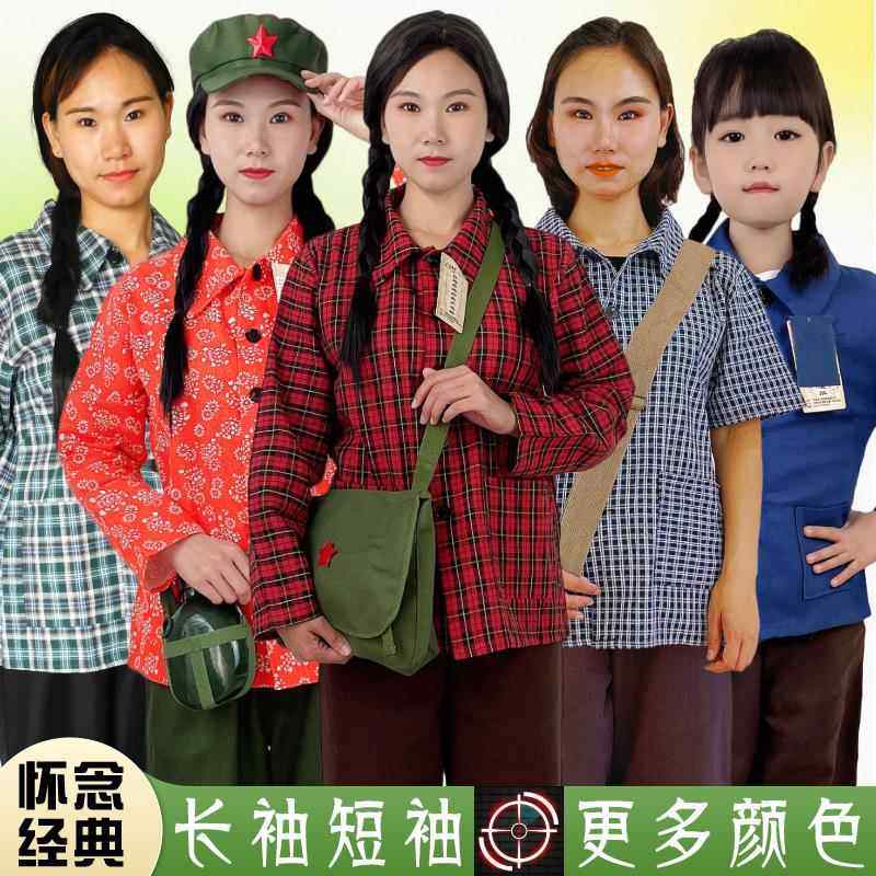 80年代怀旧服装上衣短袖印花格子女装翻领衬衫90年代花衣服女村姑