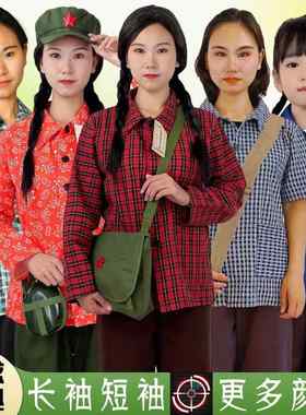 80年代怀旧服装上衣短袖印花格子女装翻领衬衫90年代花衣服女村姑