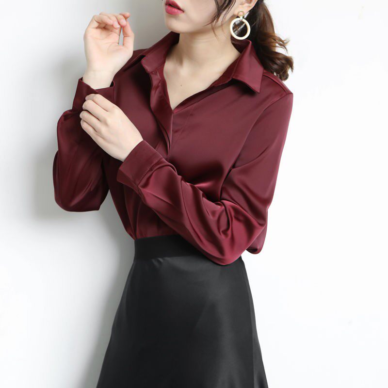 日系轻奢酒红色真丝缎面衬衫女2025秋季高端OL通勤长袖桑蚕丝衬衣