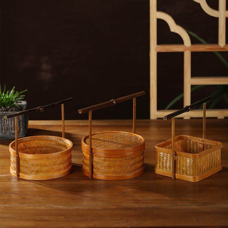 中式手工竹编竹篮客家摆件筐子手提篮水果篮茶点盘茶具带盖点心篮,特色手工艺,竹编/竹雕,淘宝优惠券,粉丝福利购,淘宝优惠卷