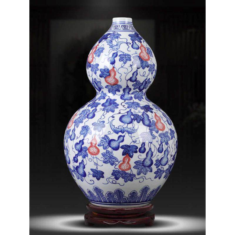 景德镇陶瓷器青花瓷仿古釉里红葫芦花瓶客厅摆件家居酒柜装饰品
