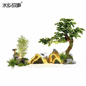 水乡故事中式园林景观假山造景仿真竹子绿植室内小景楼梯转角装饰