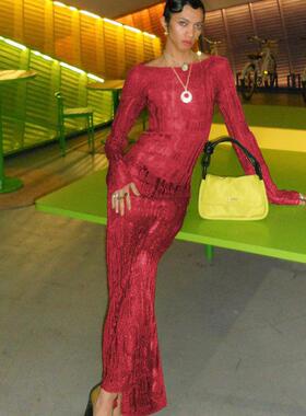 Sheer Knit Long Sleeve Backless Maxi Dress With Back F