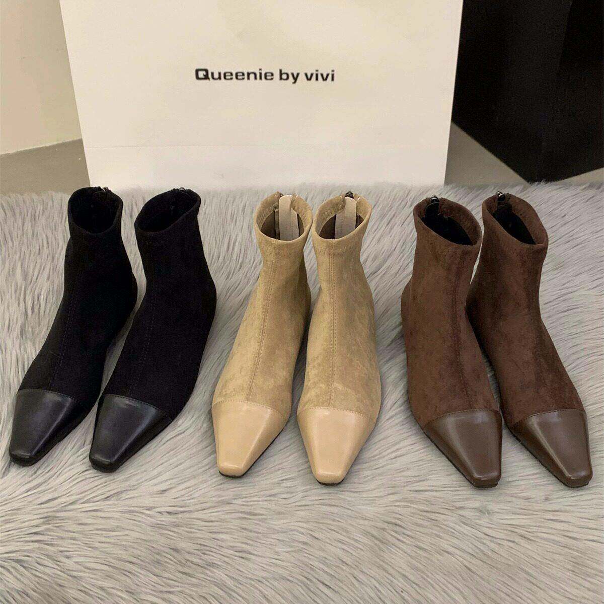 香港低跟绒面小踝靴马丁靴女鞋2025新款夏季棕色瘦瘦靴小短靴子