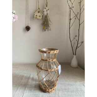 高档外贸出手口is风高级柳编玻璃花n瓶水培工大肚花瓶