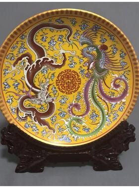 清乾隆粉彩龙凤呈祥瓷盘子摆件家居客厅装饰品酒柜玄关办公室收藏