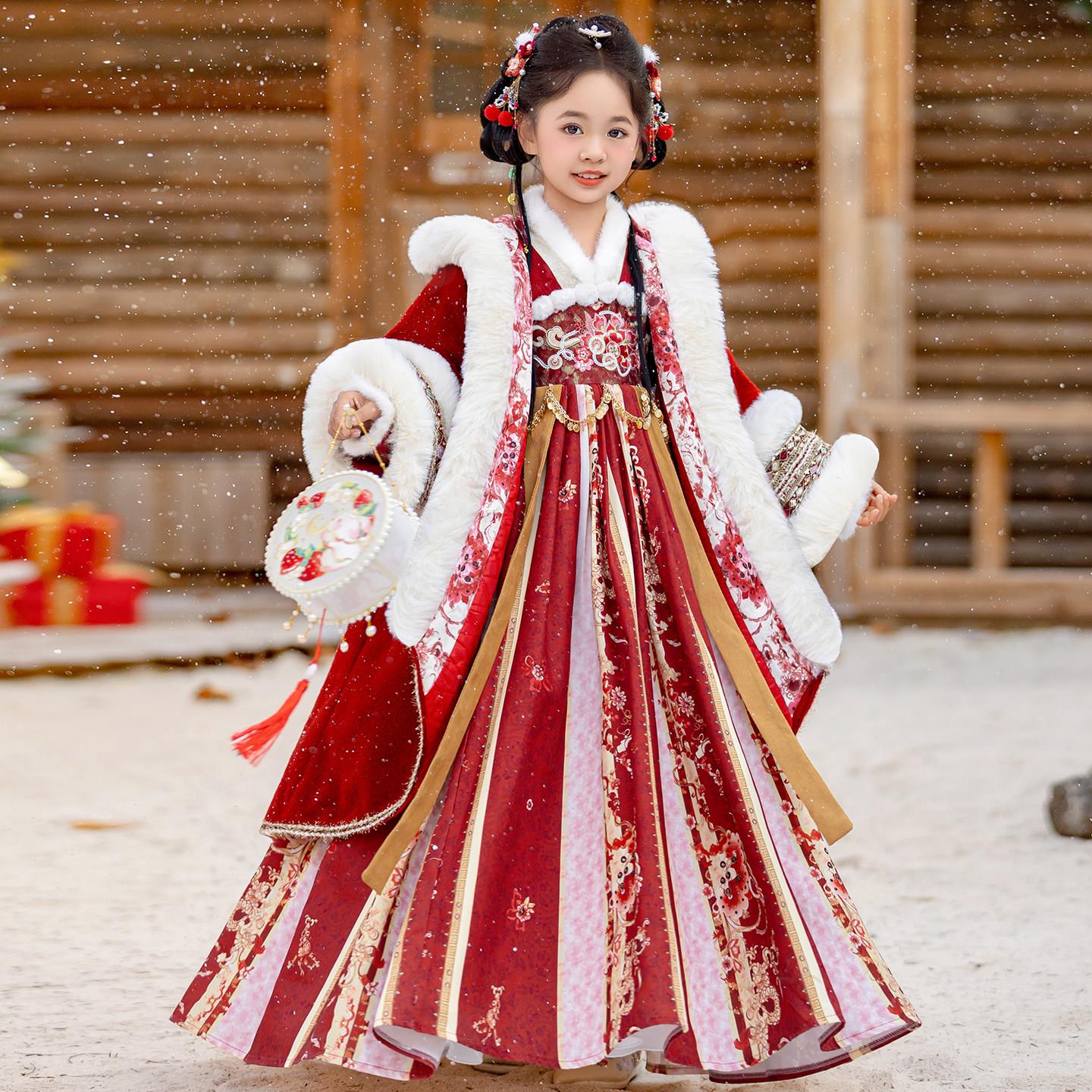 汉服冬装女童国风连衣裙2026新款儿童冬古风加绒加厚喜庆唐装冬裙