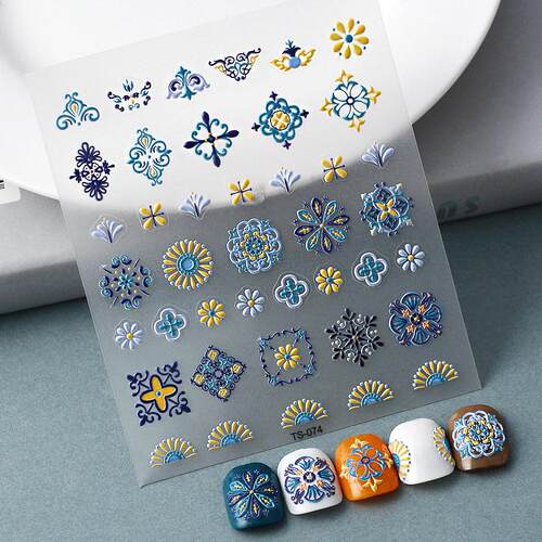 Bohemian 5D Nail Art Stickers Blue Decal波西米亚浮雕美甲贴纸