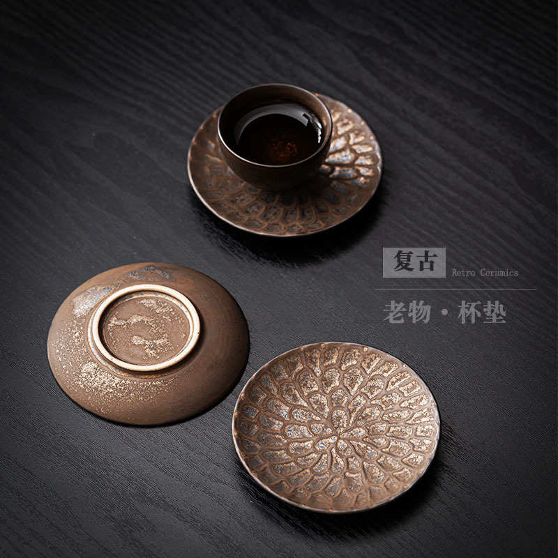 中式鎏金杯垫功夫茶具零配茶桌隔热垫陶瓷茶杯垫覆古粗陶杯托
