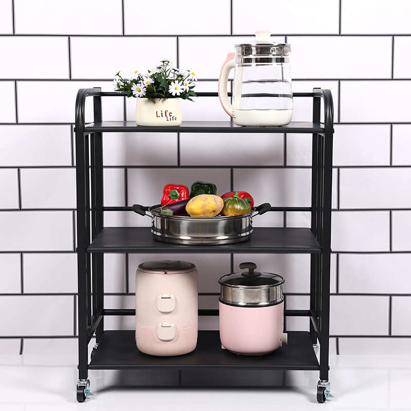 批发可移动置物架落地多层零食果蔬锅具黑色收纳架储物收纳小推车