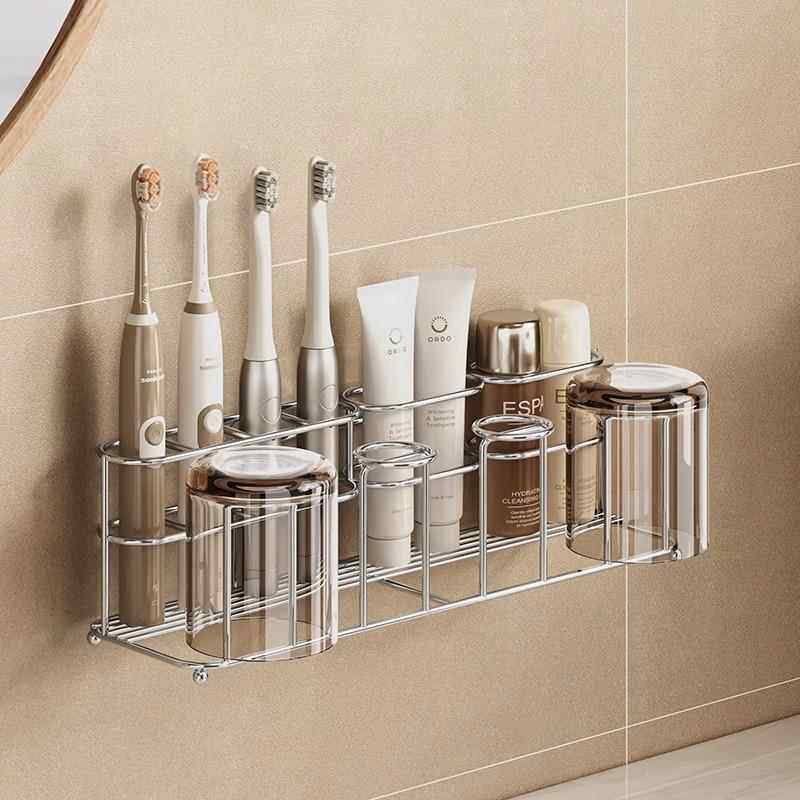 304不锈钢漱口杯架壁挂式电动牙刷牙膏置物架免打孔倒挂墙沥水架