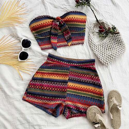 Tight corset and high waisted textured shorts set
