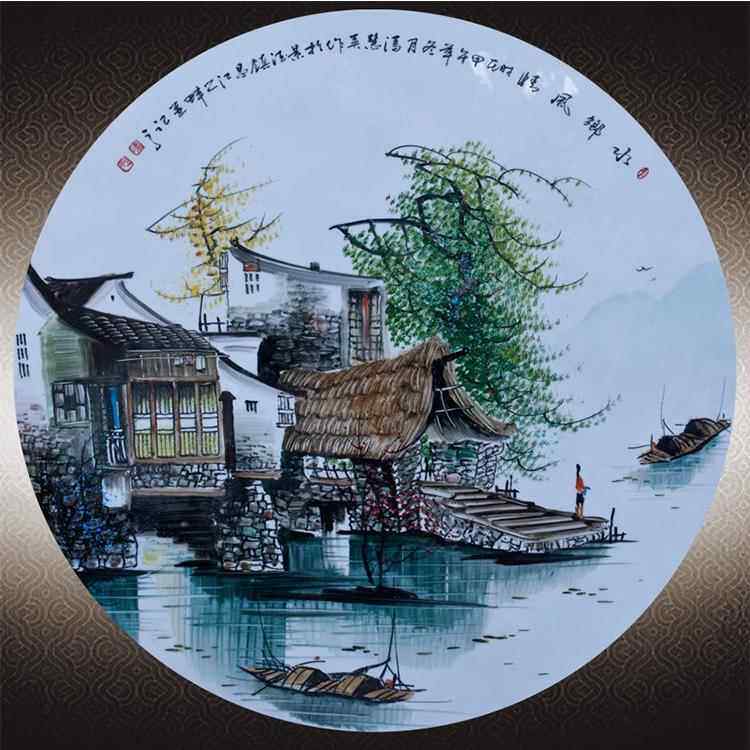 景德镇陶瓷板画名家手绘粉彩山水挂画壁画客厅入口走廊瓷画摆件