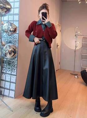 2026春季套装穿搭女装牛仔拼接针织毛衣半身皮裙两件套一整套ootd
