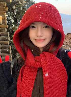 红色巴拉克拉法帽女秋冬季保暖毛线帽子围巾一体连帽围脖针织帽冬