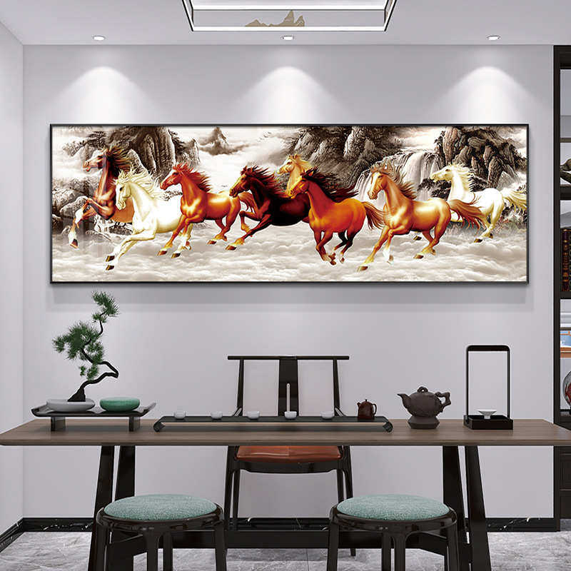 马到成功沙发画挂画中式墙壁装饰画客厅新八骏图墙背景办公室大气
