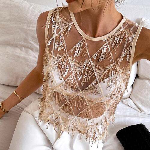 Womens Glitter Sequin Backless Cowl Crop Tank Top Elegant