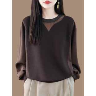 新款大码胖mm女士针织衫遮肚子真丝拼接长袖冰丝上衣圆领打底t恤