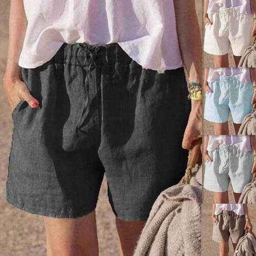 Cotton and linen pants with elastic waist strap, shorts