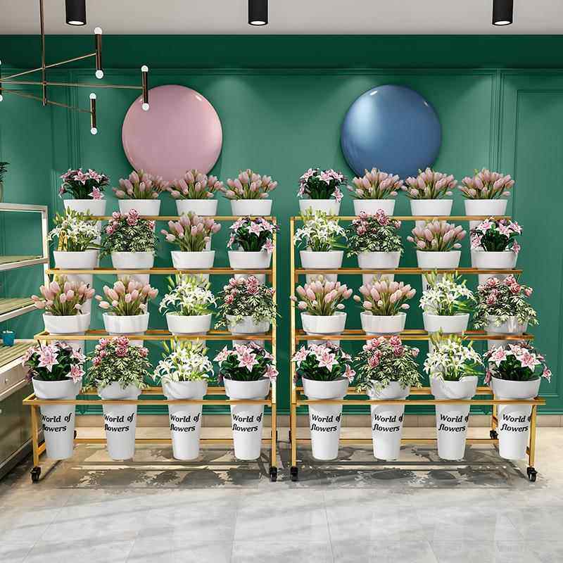 花店鲜花展示架多层阶梯花架可移动铁艺花架花店多功能花桶展示架