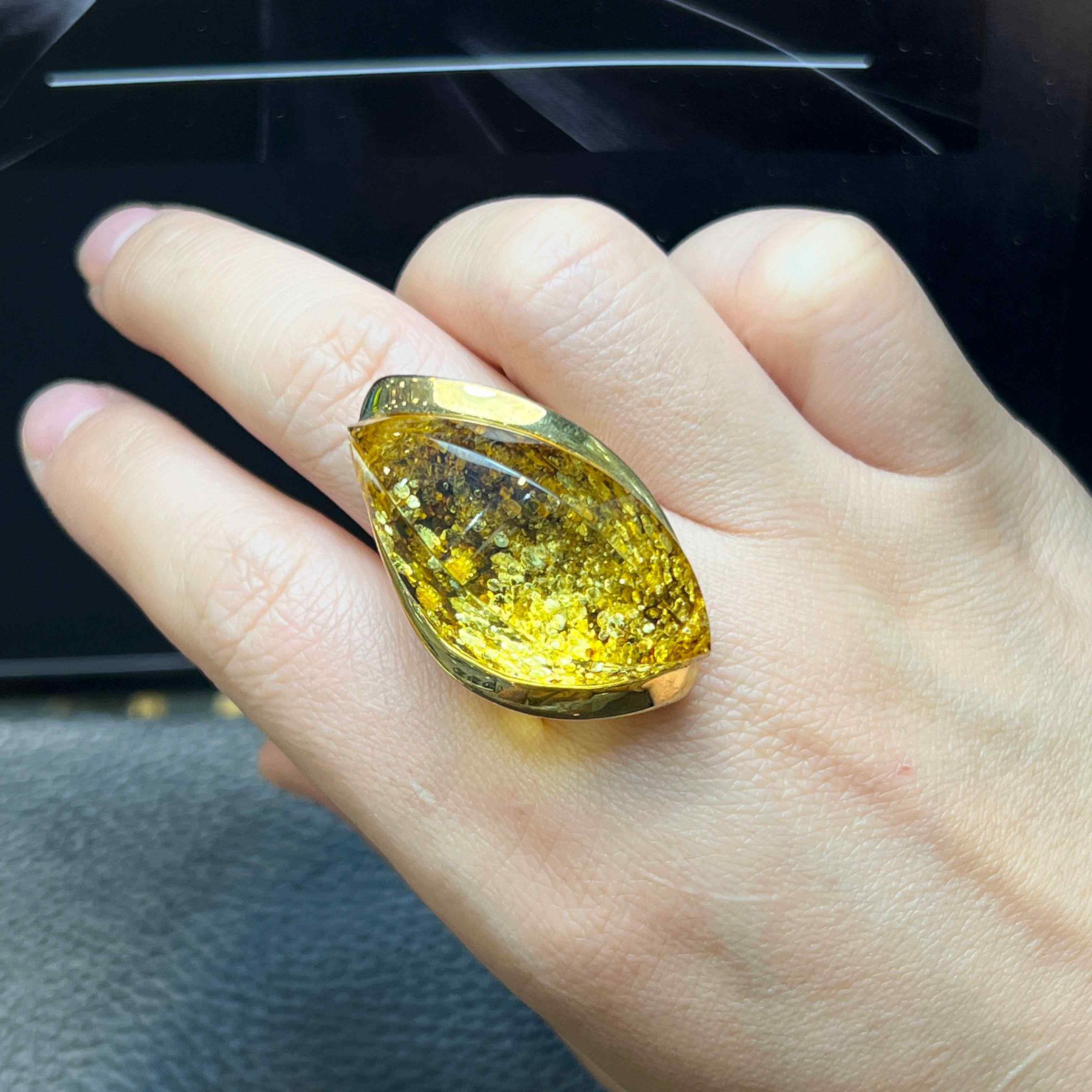 欧洲进口设计天然花珀绿色风景琥珀 切面绚丽戒指 女士版超大保真