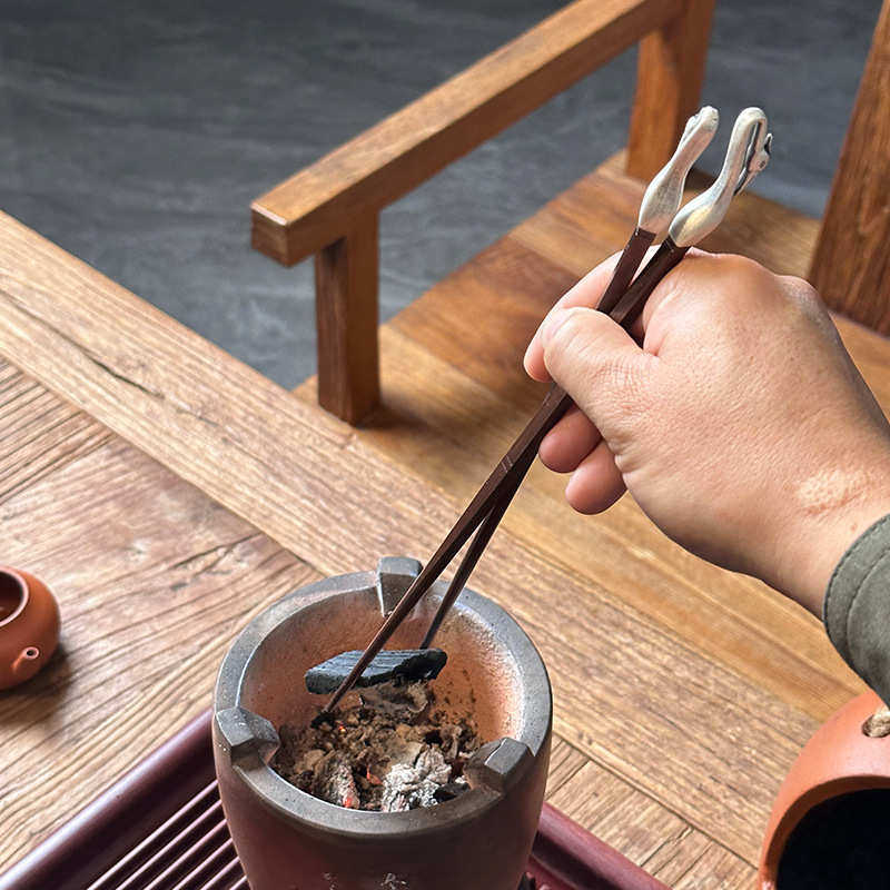 仙鹤首火箸功夫茶具炭炉配件核桃橄榄木炭夹子火钳覆古纯手工铜筷