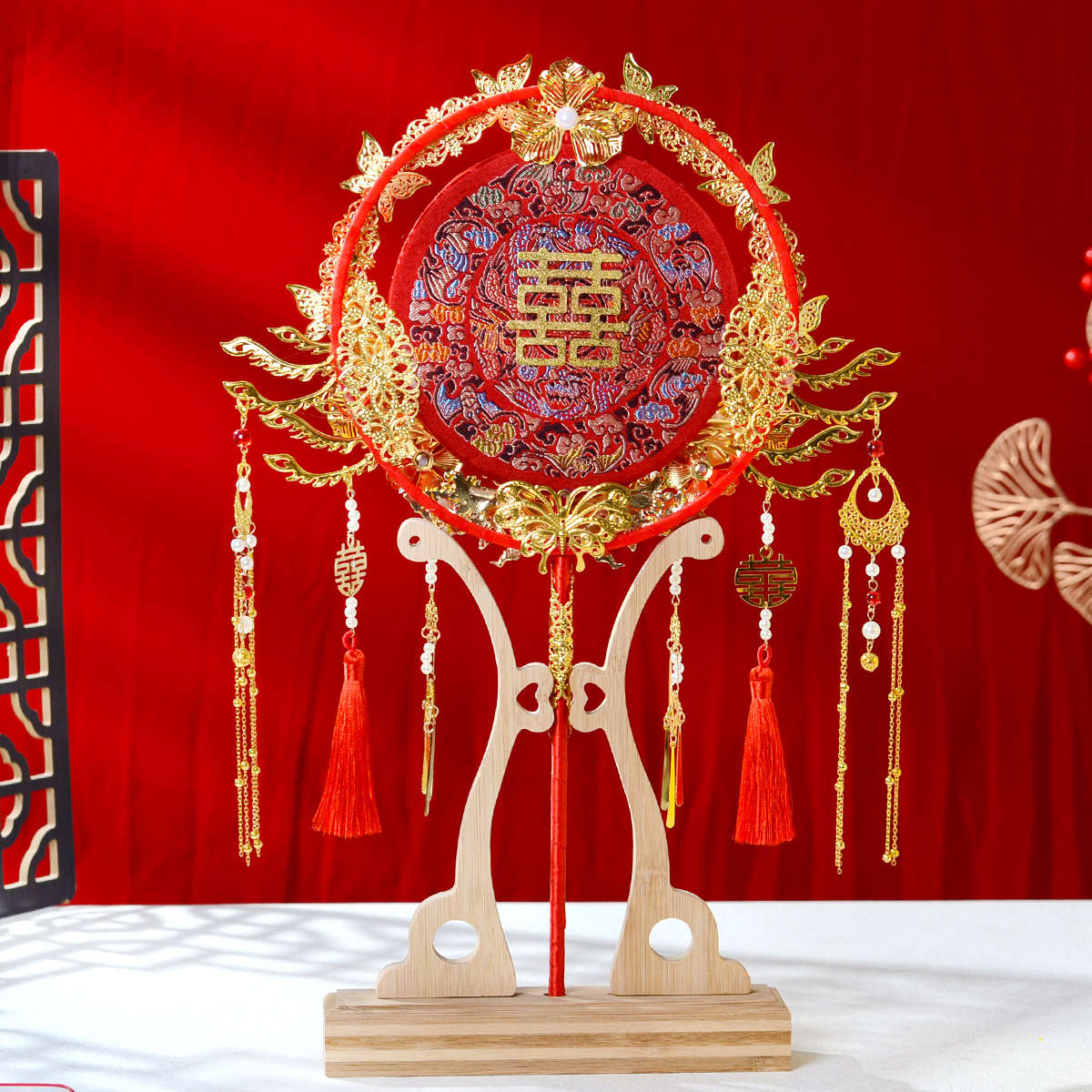 GJU8结婚新娘团扇成品重工大气秀禾喜扇奢华diy手工材料包双面手