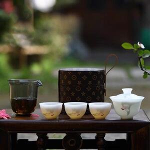 玩物尚置冰种玉瓷盖碗快客杯户外高档便携式茶具旅行套装一壶三杯
