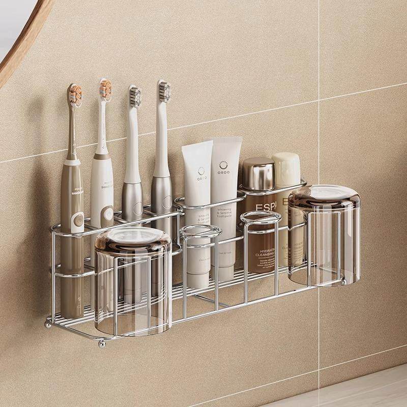 304不锈钢电动牙刷置物架壁挂式杯架免打孔漱口杯倒挂沥水架挂墙