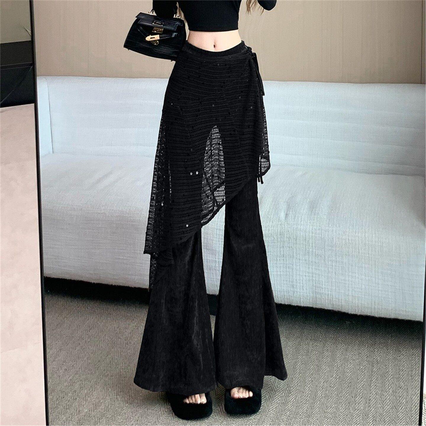 简珀咖色雪尼尔叠穿微喇叭裤裙女秋冬新款时尚辣妹高腰休闲拖地裤