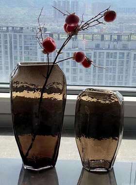 咖色 几何大号玻璃花瓶创意冰纹水培花器家居客厅样板间软装摆件