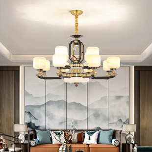 新中式 楼大气餐厅灯饰灯具 全铜吊灯客厅灯天然玉石中国风别墅复式
