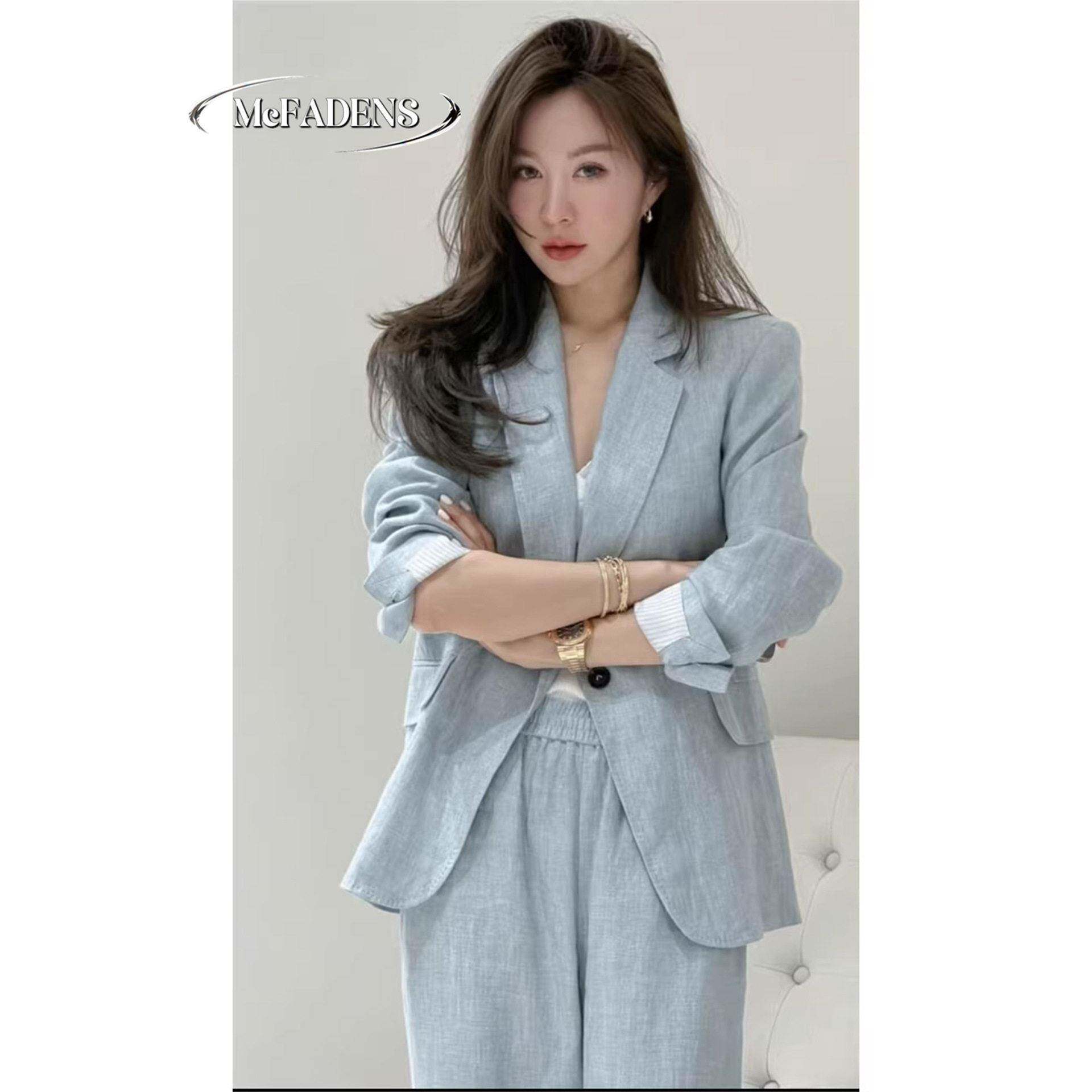 香港2026春季新款职业亚麻西服套装女高级感蓝色显瘦外套阔腿裤潮