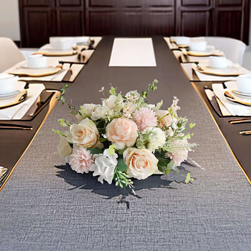 圆形酒店餐桌中间摆花餐厅圆桌桌花宴会装饰花艺会议室桌面摆件花