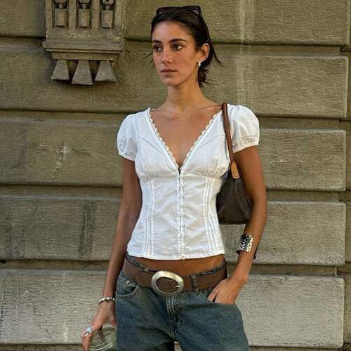 Street Style Solid Fitted Deep V-Neck Lace Trim Puff Sleeve