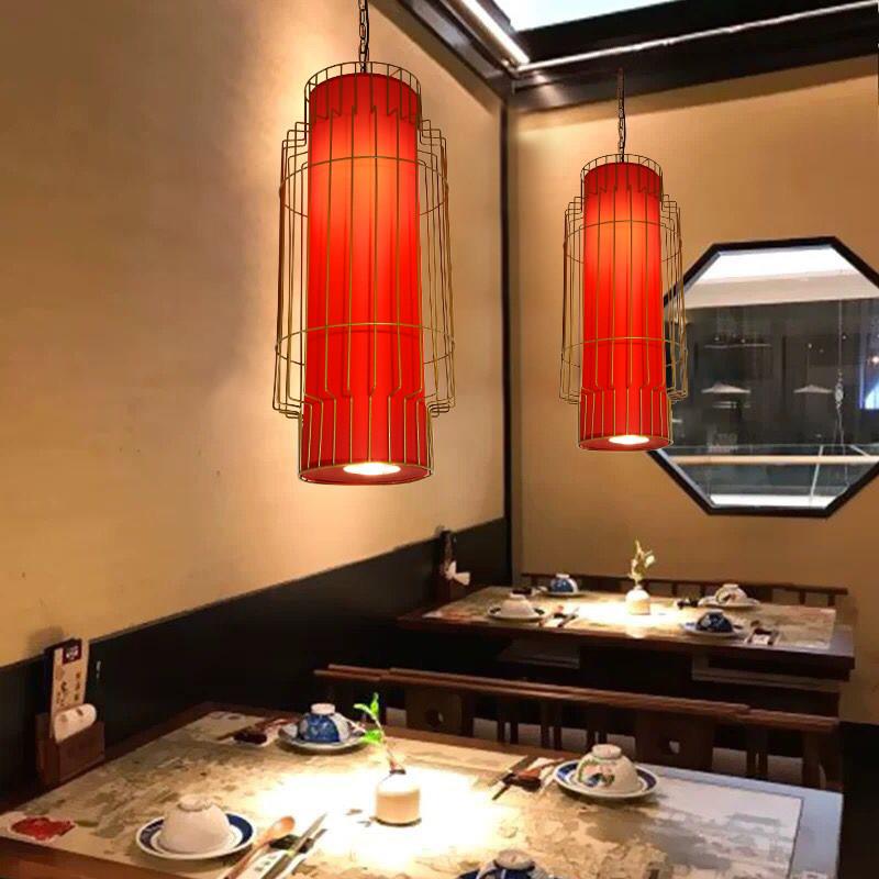 新中式火锅店餐饮吊灯带射灯彷古饭店饭厅铁艺鸟笼灯湘菜馆红色灯