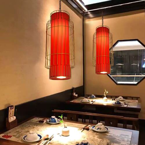 新中式火锅店餐饮吊灯带射灯彷古饭店饭厅铁艺鸟笼灯湘菜馆红色灯