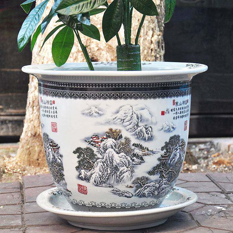 景德镇陶瓷器超大号室内钵落地树盆花盆铁树发财树粉彩雪景新中式