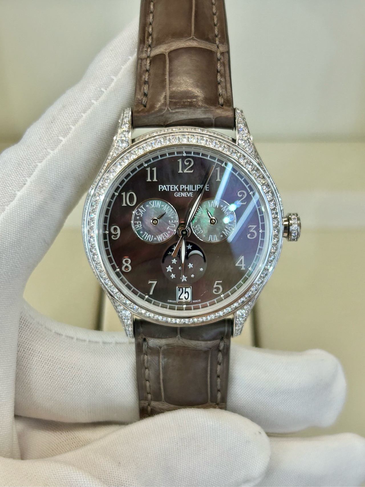 [98新]百达翡丽复杂功能时计18K白金原镶钻自动手表女表4948G-001